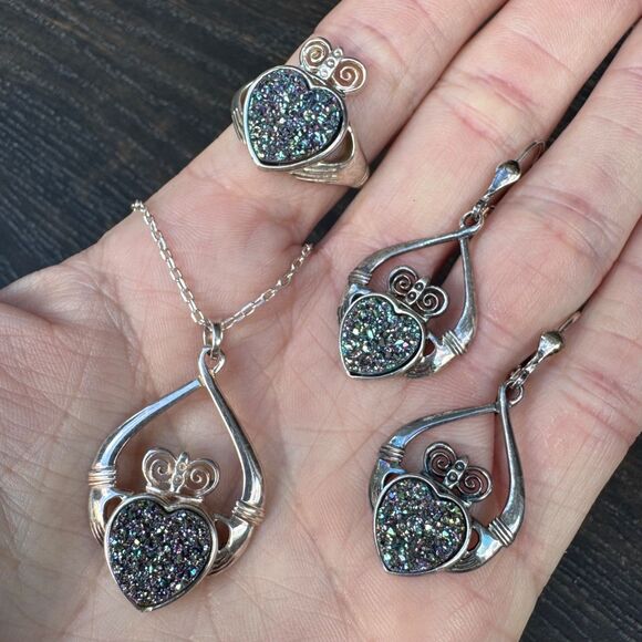 Claddagh Druzy Set: Necklace Ring & Earrings, Sea Green Drusy, JMH Ireland - Picture 5 of 17